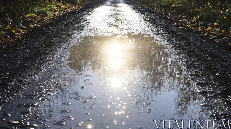 Glistening Roadside Puddle AI Image