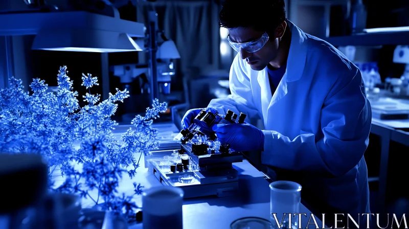 Scientist Conducting Research in Blue-Lit Laboratory AI Image