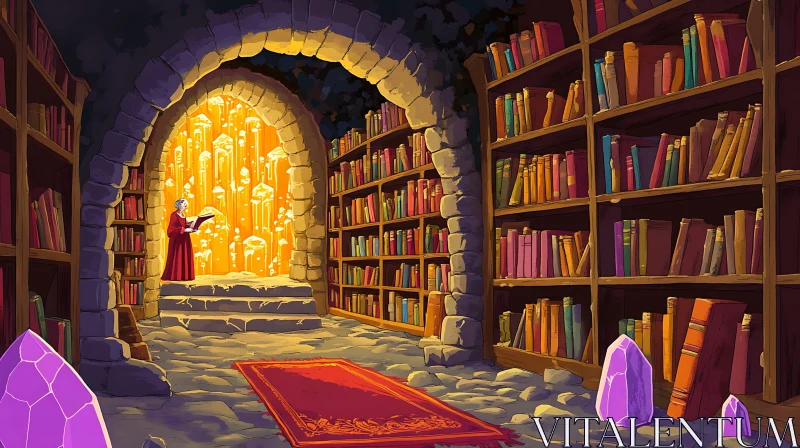 Mystical Library with Glowing Portal AI Image