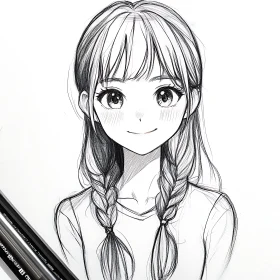 Smiling Anime Girl with Braids Drawing