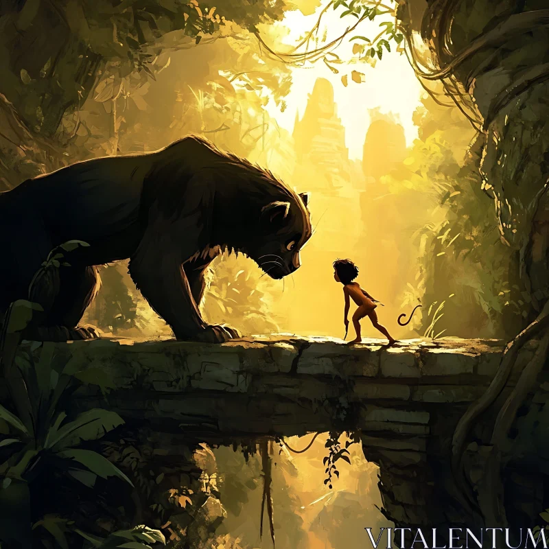 Boy and Panther in the Jungle AI Image