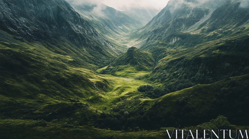 Verdant Mountain Valley Landscape View AI Image