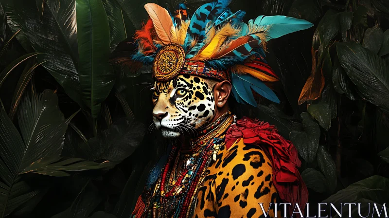 AI ART Anthropomorphic Jaguar with Feathers and Jewelry