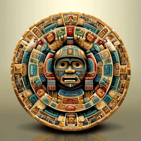 Circular Aztec Stone Calendar with Central Face