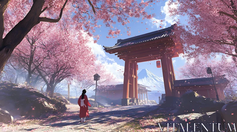 Cherry Blossoms and Majestic Mountain Scene AI Image