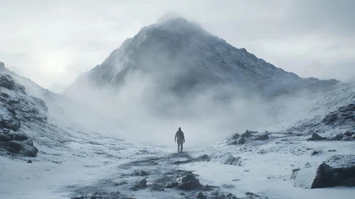 Lone Walker in Snowy Mountain Landscape