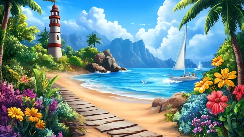 Tropical Island with Sailboat and Lighthouse