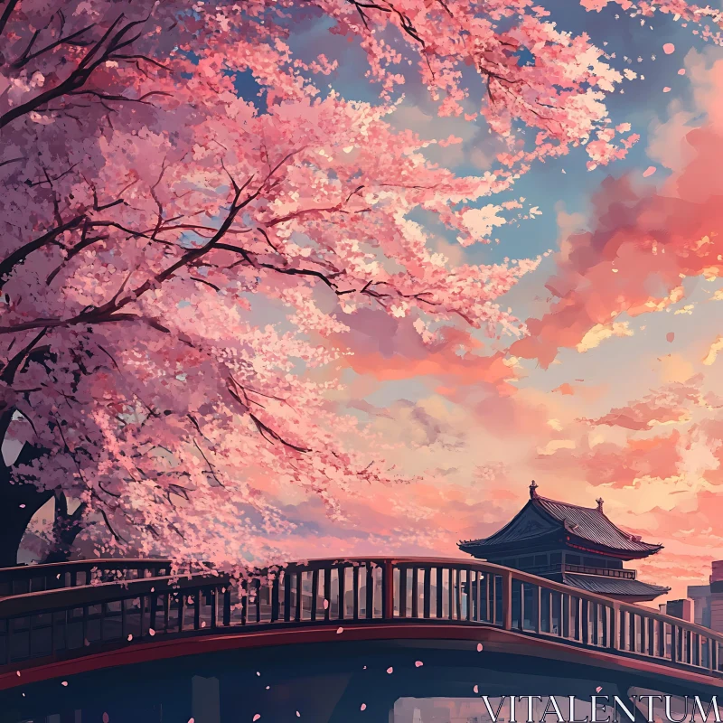 Serene Japanese Bridge and Cherry Blossoms at Dusk AI Image