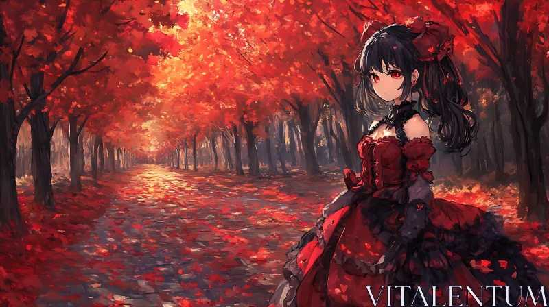 Autumn Path with Gothic Anime Girl AI Image