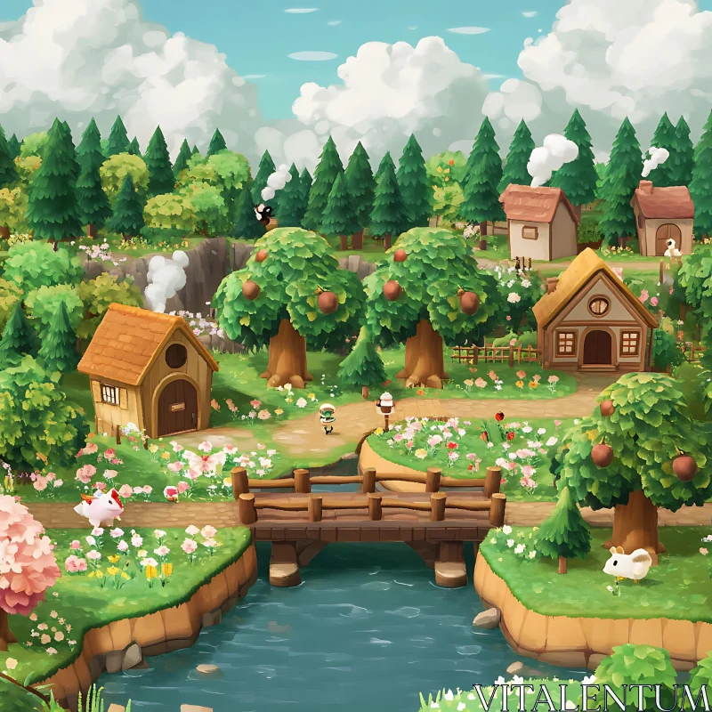 Charming Fantasy Village Scene with Bridge and River AI Image