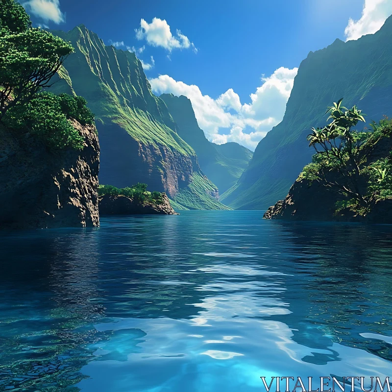 AI ART Tranquil Lake Between Green Mountains