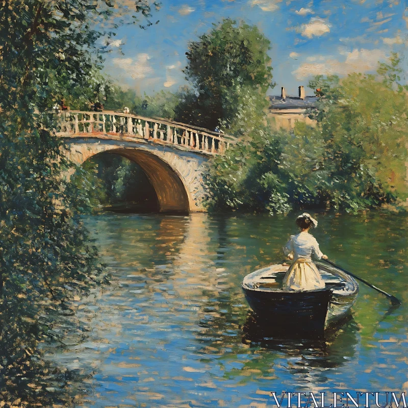 AI ART Woman Rowing Under an Arched Bridge