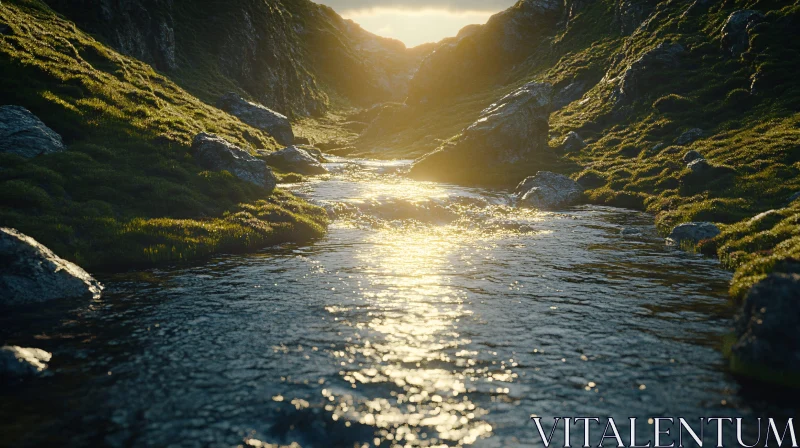 AI ART Golden Sunlight on a Serene Mountain Stream