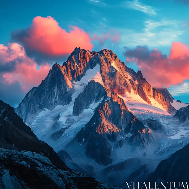 AI ART Alpine Mountain Range with Pink Clouds