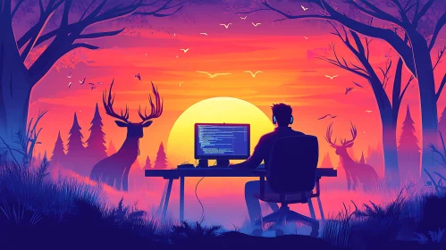 Sunset Coding with Deer Illustration