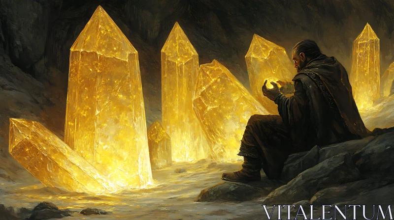 Wizard Contemplating Orb Among Crystals AI Image