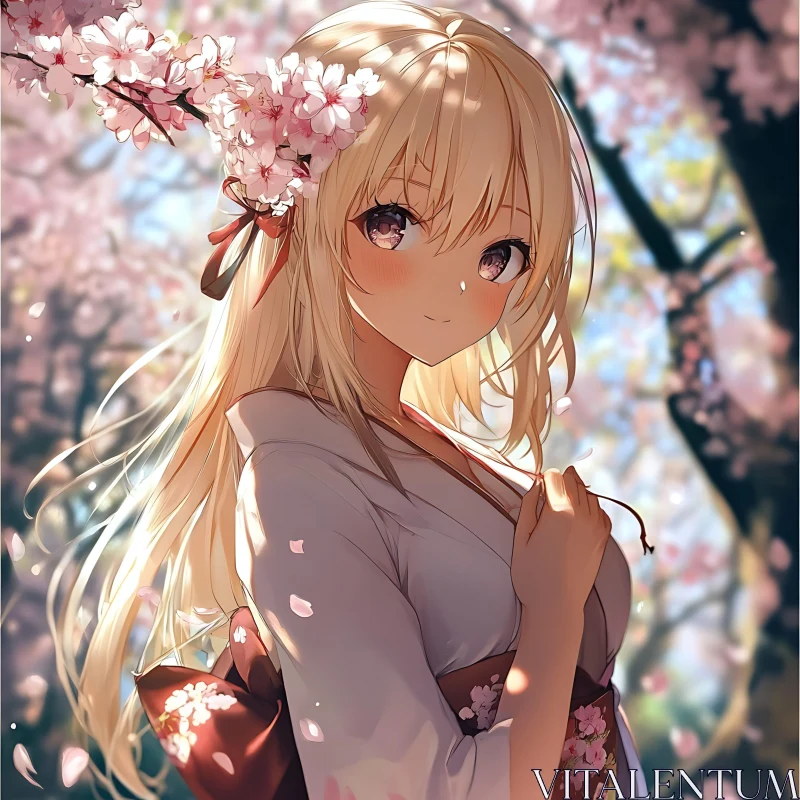 Tranquil Anime Girl in Kimono with Cherry Blossoms AI Image