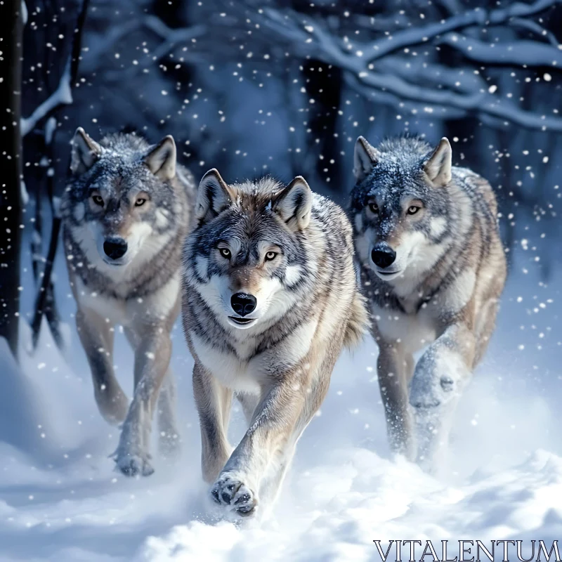 Three Wolves Running Through Snow AI Image