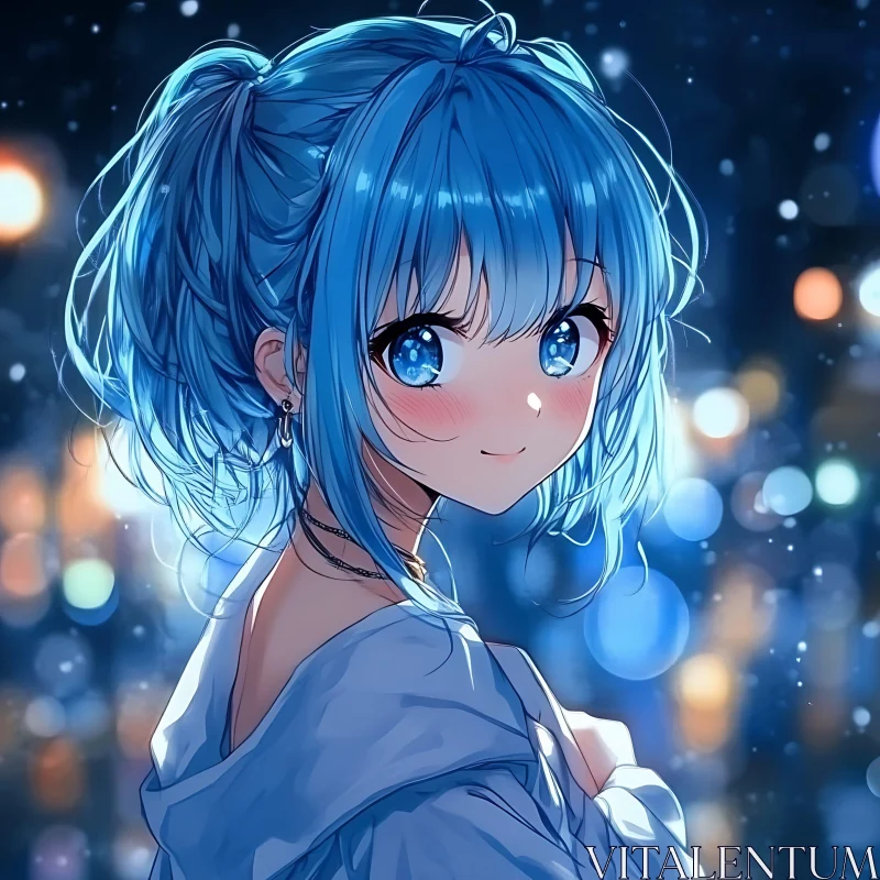 Charming Anime Girl in a Bokeh-filled Night Scene AI Image