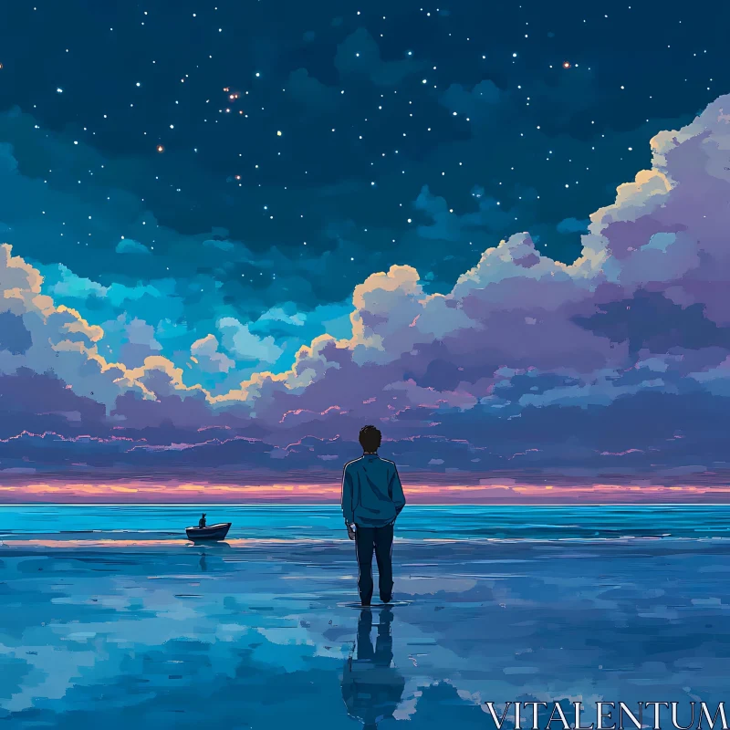 Man and Boat Under Starry Sky AI Image