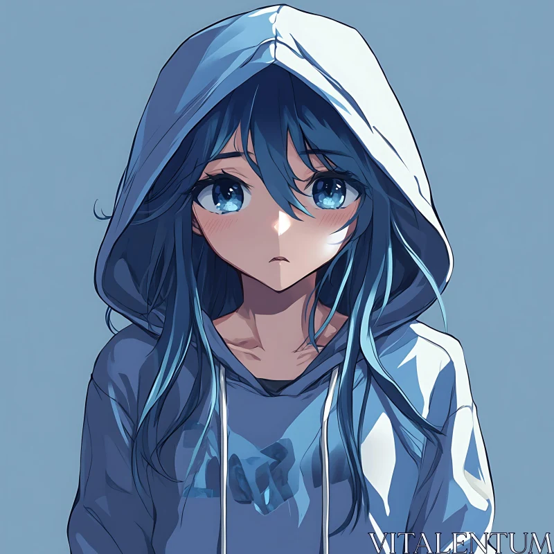 Melancholic Anime Girl in Blue Hoodie AI Image