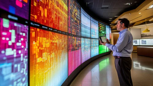 Man Analyzing Data on Colorful Screens