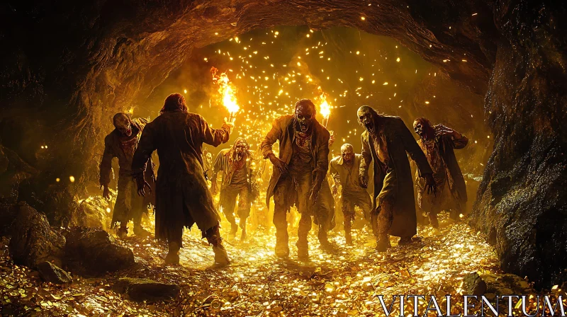 Zombies in Cave with Fire AI Image