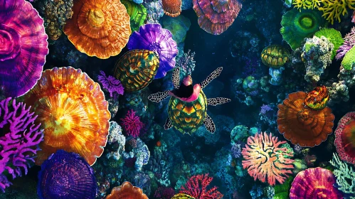 Underwater Turtle in Colourful Coral Garden