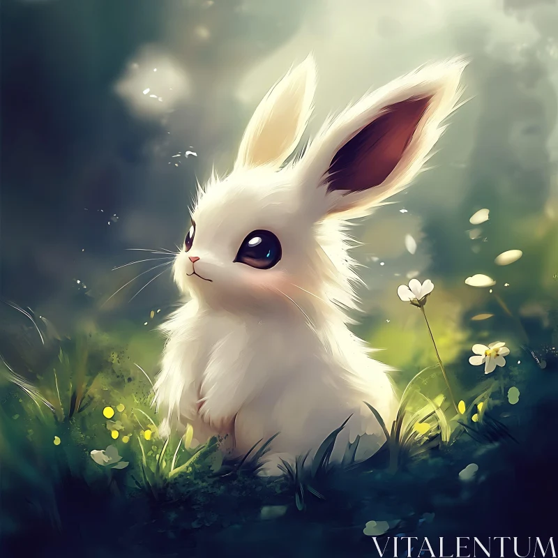 Whimsical White Rabbit in Grassy Field AI Image