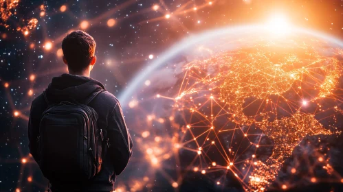 Global Network: Man Contemplates Earth's Connectivity