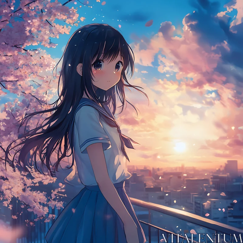 Sunset Rooftop Scene with Anime Girl and Cherry Blossoms AI Image