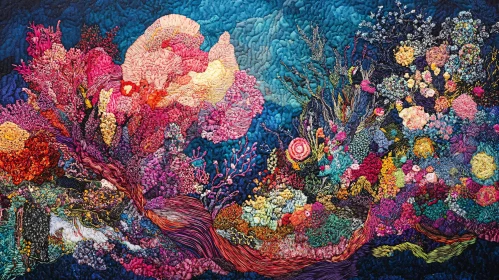 Abstract Embroidered Coral Reef Tapestry