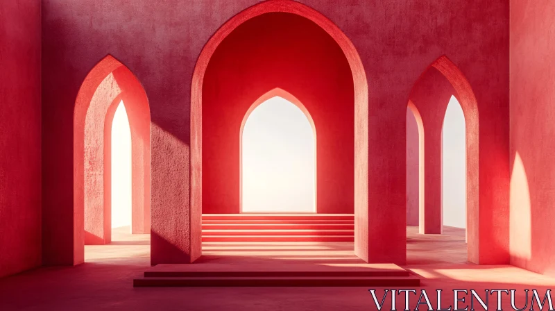 Red Arches and Light-Filled Staircases AI Image