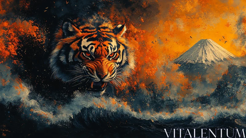 AI ART Roaring Tiger and Distant Mountain Peak