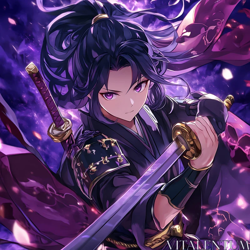 Samurai Warrior with Gleaming Sword and Purple Background AI Image