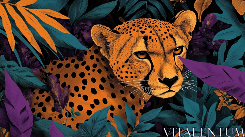 Stylized Cheetah Among Tropical Leaves AI Image