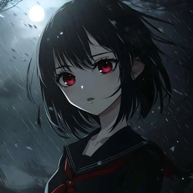 Melancholic Anime Girl with Red Eyes in the Rain