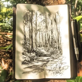 Detailed Forest Drawing in Notebook