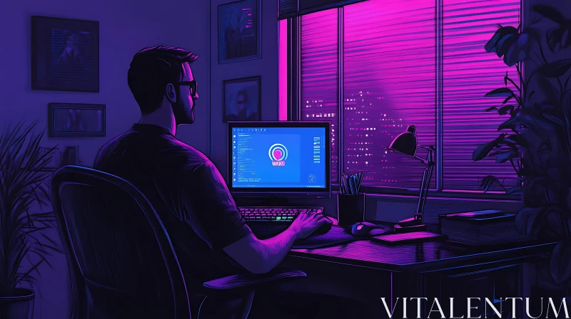 AI ART Man at Computer in Neon Lit Room