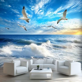 Seagulls Flying Over the Ocean Waves