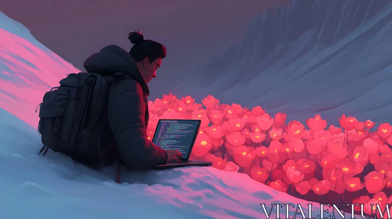 AI ART Programmer in a Floral Landscape