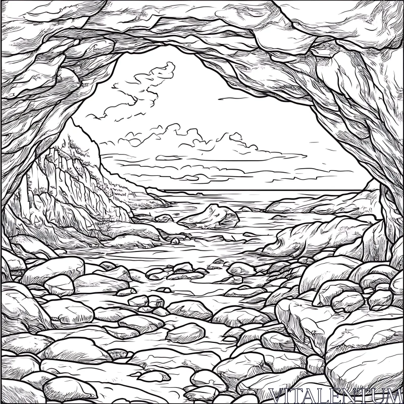 Coastal Cave Line Art Illustration AI Image