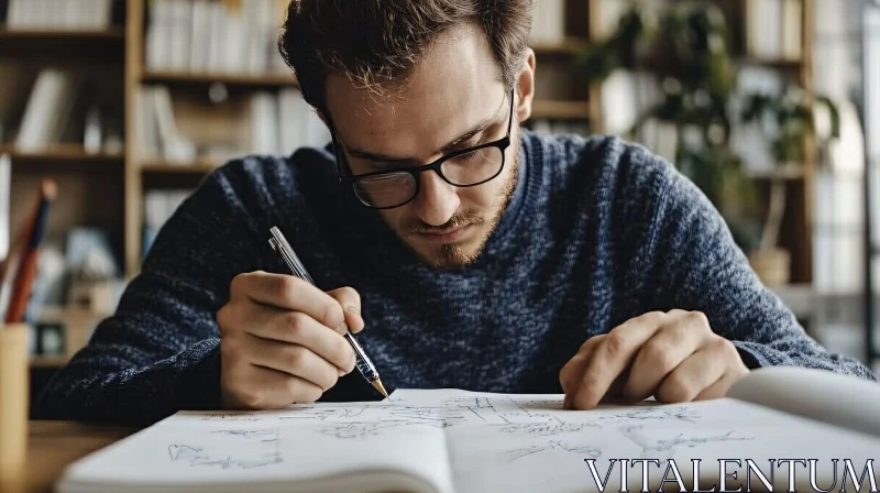 Man Engaged in Drawing at Desk AI Image