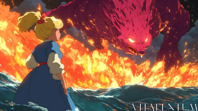 Epic Battle Between Girl and Monster in Fiery Anime Scene AI Image