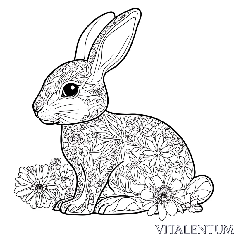 AI ART Monochrome Rabbit with Floral Design