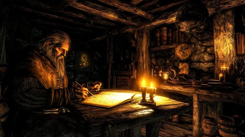 Candlelit Scribe in Ancient Study