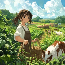 Peaceful Countryside Scene with Anime Character