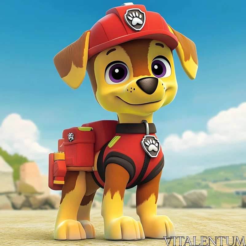 Cute Pup in Red Paw Patrol Uniform with Landscape Background AI Image