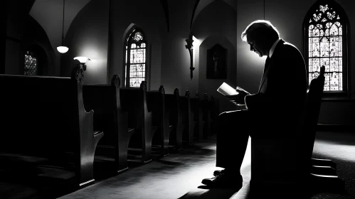 Pensive Moment in Church Monochrome