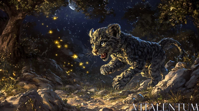 Leaping Leopard Cub in Starlight AI Image